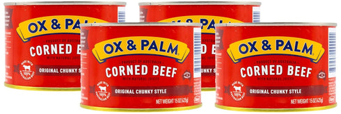 Ox & Palm Corned Beef Original Chunky Style 15 oz (Pack of 4), Juicy, Tender,