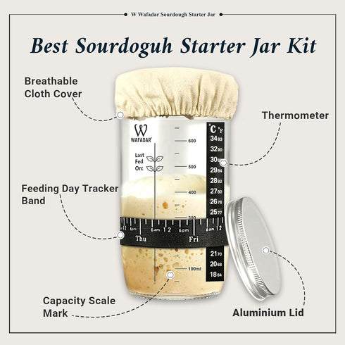 24 oz Upgraded Sourdough Starter Jar Kit Glass Jar with Date Marked Feeding Band, Thermometer, Scraper, Cleaning Brush