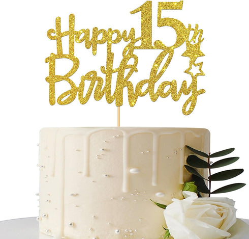 Gold Glitter 15th Birthday Cake Topper - Cheers to 15 Years Party Supplies - Happy 15th Birthday Decoration
