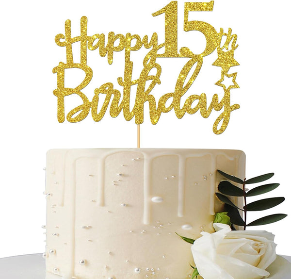 Gold Glitter 15th Birthday Cake Topper - Cheers to 15 Years Party Supplies - Happy 15th Birthday Decoration