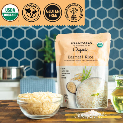 (1-Pack, 8.8oz) 90 Khazana Organic Basmati Rice - Ready to Heat - Authentic, Aromatic & Flavorful Indian Grain