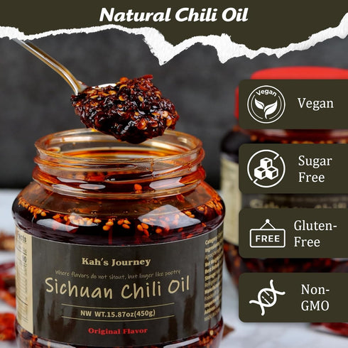 15.87oz (450g) Kah's Journey Original Szechuan Chili Oil - Spicy Chili Crisp with Crunchy Garlic, Vegan, Sugar Free Hot