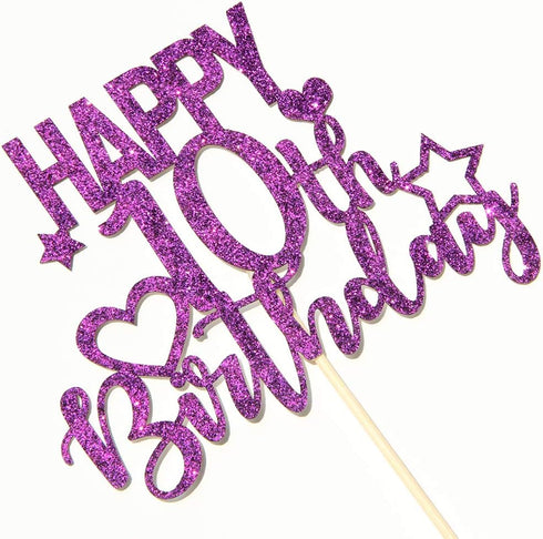 Purple Glitter Happy 10th Birthday Cake Topper - Cheers to 10 Years Children's Birthday Party Cake Decorations