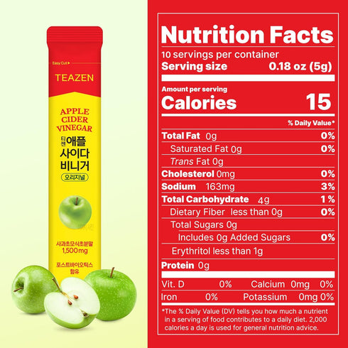 Packets 1500mg 10 Counts TEAZEN Apple Cider Vinegar Drink Powder On-the-Go Wellness with ACV, Sugar-Free, Postbiotics