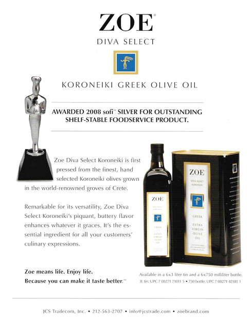 100% 25.5 oz (750mL) ZOE Diva Select Koroneiki Greek Extra Virgin Olive Oil, Cold Pressed, Koroneiki Olives, Imported