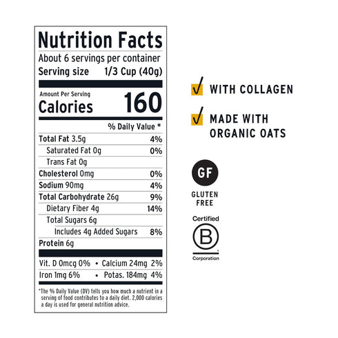 by purely elizabeth. 8 Oz (Pack 6) purely elizabeth Collagen Protein Oats, Blueberry Walnut, Gluten Free