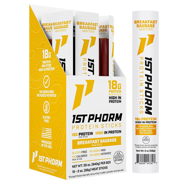 1st Phorm Meat Sticks, Breakfast Sausage Protein Snacks, 18g Protein Per Serving,