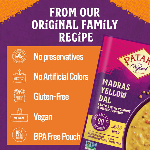 10.05 oz Patak's Madras Yellow Dal, Savory Lentils in Creamy Coconut Milk with Sweet Peppers & Spices, Vegan