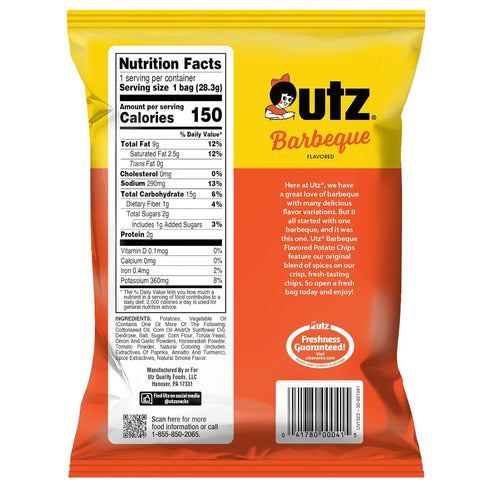 1 (Pack 60), Utz Potato Chips, Barbeque - Ounce of Crispy Potato Chips Made from Fresh Potatoes, Crunchy Individual