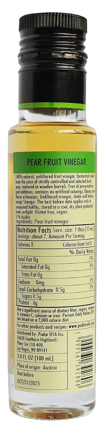 3.4 Oz. 100% PDR Premium Pear Vinegar - fl. - Natural, Aged in Oak Barrels, Fermented, Unfiltered, Vegan, Gluten-Free