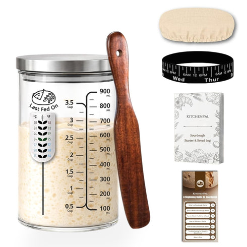KitchenPal 34Oz Sourdough Starter Jar Kit with Date Band, Thermometer & Wooden Spurtle