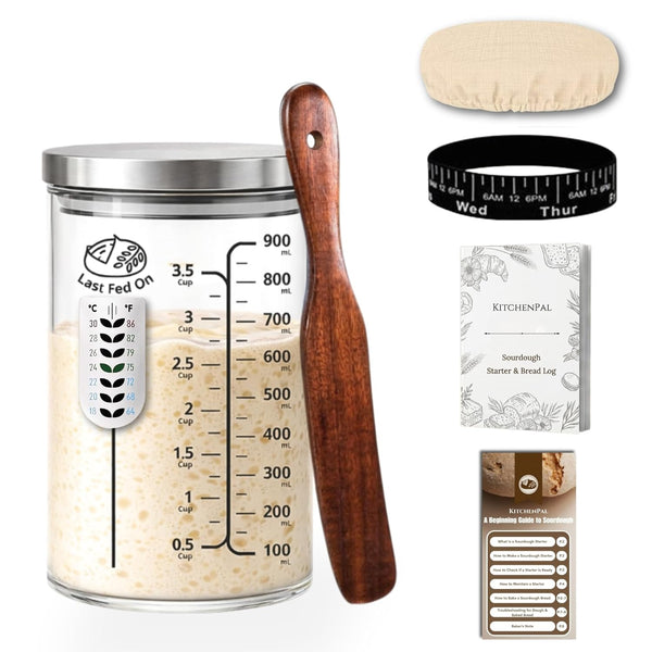 KitchenPal 34Oz Sourdough Starter Jar Kit with Date Band, Thermometer & Wooden Spurtle