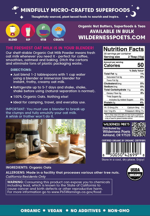 1 lb. (16 oz) Wilderness Poets, Organic Oat Milk Powder - - Single Ingredient, No Additives, Blend for Creamy, Instant