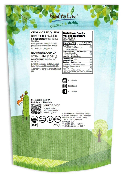 3 Food to Live Organic Red Quinoa, Pounds Non-GMO, Whole Grain, Kosher, Vegan, Sirtfood, Bulk. Quick-Cooking Grain.
