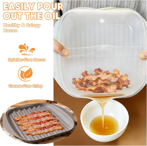 goduog Microwave Bacon Cooker with Lid - Efficient Oil Draining Tray for Healthier, Crispy Bacon | Also for Sausages