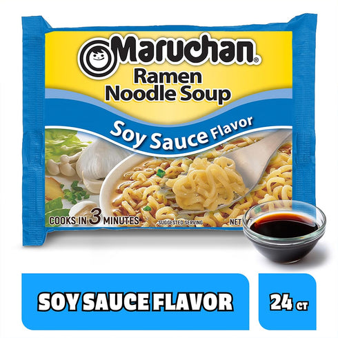 3 Oz, 24 Count Maruchan Ramen Soy Sauce, Instant Ramen Noodles, Ready to Eat Meals