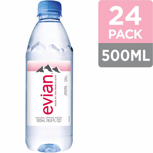 16.9fl oz./500mL (pack 24) evian Natural Spring Water, PH Balanced with Natural Electrolytes, Bottles