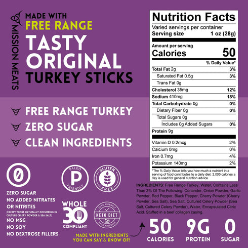 100% 9g 1oz (12ct) Mission Meats Turkey Sticks, Free Range Turkey Jerky, Zero Sugar, Delicious Healthy Snacks, Protein
