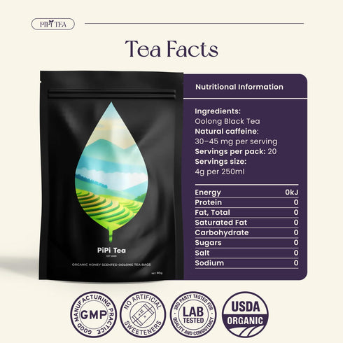 PiPi Tea 20 (4g Organic Oolong Tea Bags Whole Leaf, Bags Each) Cortisol & Calming Tea for Anxiety, Stress, Weight Loss