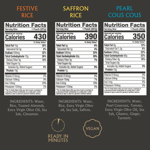 Pack 6, Mina Saffron Rice, Festive Rice, Pearl Couscous, Variety of Ready to Eat, Microwavable, Couscous Pearls, Side