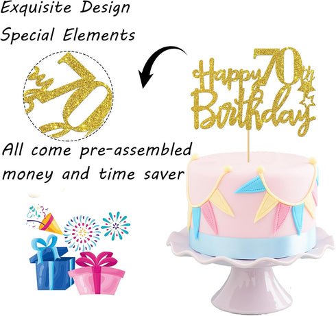 Gold Glitter Happy 70th Birthday Cake Topper, Cheers to 70 Years, Hello 70, 70 & Fabulous Party Decoration