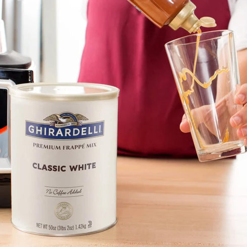 3.12 lb Ghirardelli Classic White Premium Frapp Mix, Can with Ghirardelli Stamped Barista Spoon