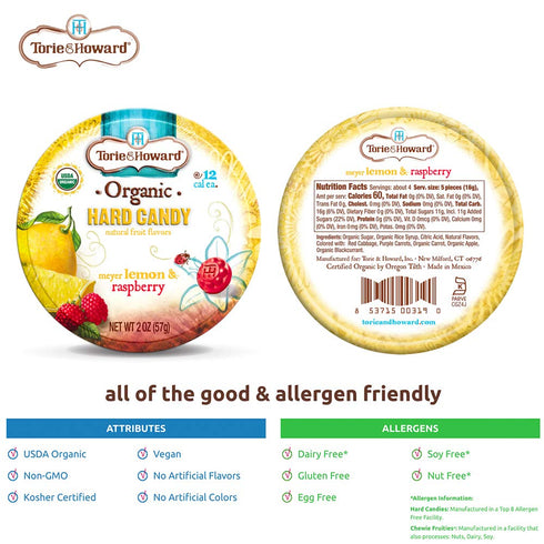 Torie and Howard Organic Hard Candy, Lemon and Raspberry, 2 Ounce