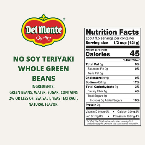14.5 oz. Pack 12 Del Monte No Soy Teriyaki Whole Green Beans, Cans