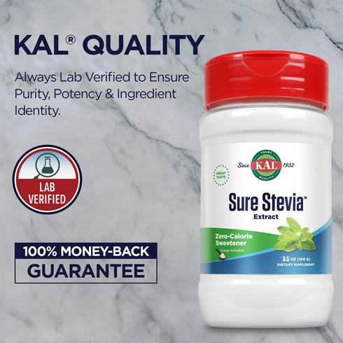 KAL Sure Stevia Extract Powder, 3.5oz, Low Carb, Plant Based Sweetener, Zero Calories, 1820 Servings, Keto Friendly