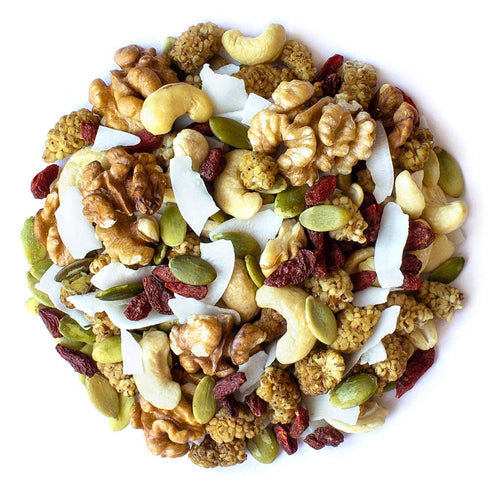 8 Mulberries, Organic Variety Trail Mix, Ounces Raw and Non-GMO Snack Mix Contains Goji Berries, Coconut Chips