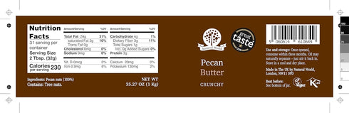 35 Oz (1kg) 100% Nutural World - Crunchy Pecan Nut Butter Great Taste Award winner - Pure single ingredient