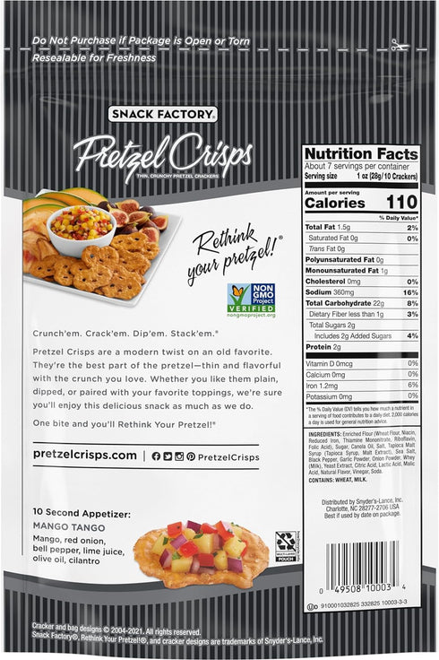 7.2 (Pack 12) Snack Factory Pretzel Crisps Sea Salt & Cracked Pepper, Ounce