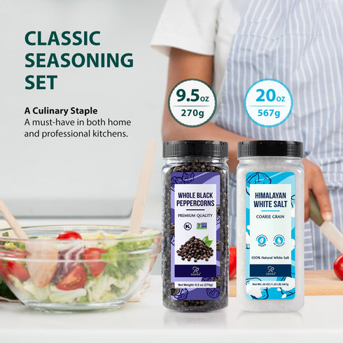 20 Oz 9.5 Oz, Set 837g (2 Set) Soeos Himalayan White Salt + Whole Black Peppercorns Coarse Grain, White Sea Salt, Black