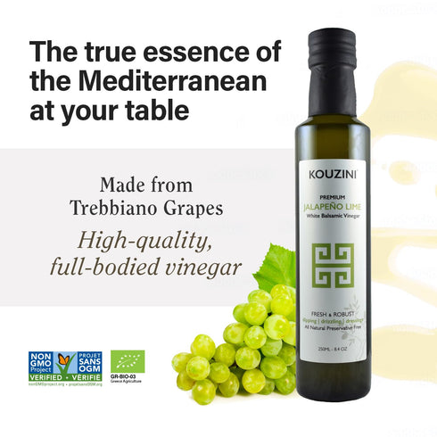 250ml Kouzini Ultra Premium White Jalapeno Lime Balsamic Vinegar - Sweet & Thick Italian Dressing for Salad, Organic