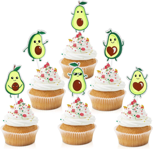 18pcs Glitter Fruit Avocado Cupcake Toppers, Fiesta Party Supplies for Happy Avocado Holy Guacamole Dessert