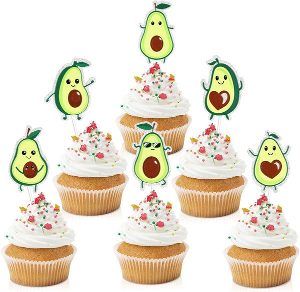 18pcs Glitter Fruit Avocado Cupcake Toppers, Fiesta Party Supplies for Happy Avocado Holy Guacamole Dessert
