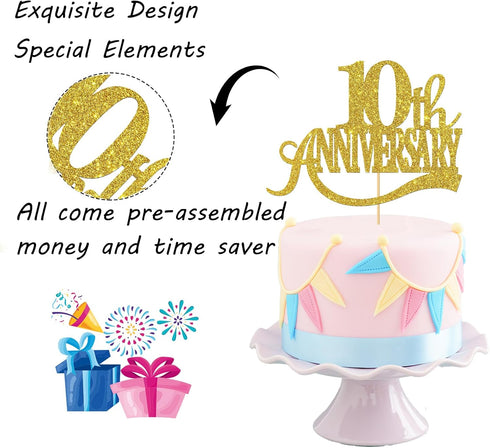 Gold Glitter 10th Anniversary Cake Topper - Happy 10th Wedding Anniversary / Birthday Party Decorations