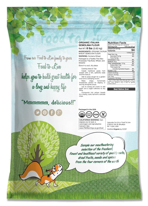 8 Food to Live Organic Italian Semolina Flour, Pounds - Premium Durum Wheat, Perfect for Pasta and Pizza Dough, Ideal