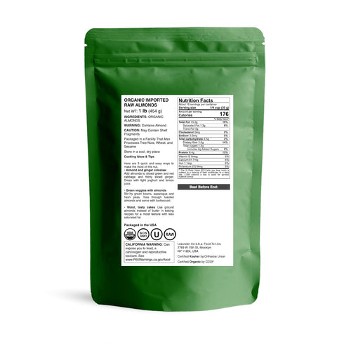 1 Food to Live Organic Imported Raw Almonds, Pound Non-GMO, Whole, Raw, No Shell, Unpasteurized, Unsalted, Vegan