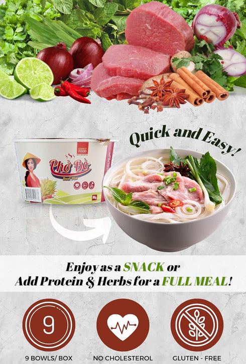 9 80g (Pack 9) SIMPLY FOOD Instant Vietnamese Beef Pho Noodles (Ph B) - BOWLS/ each Authentic Pho Rice Noodles in a