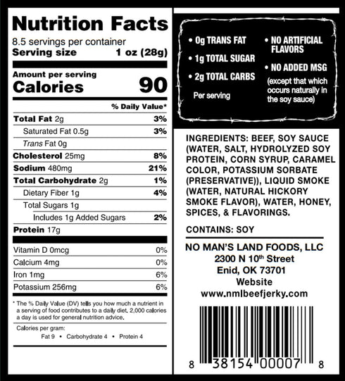 17G 8.5oz No Mans Land Premium Beef Jerky | High Protein, Low Carb, Low Calorie Beef Snack | Slow-Dried, Smoked