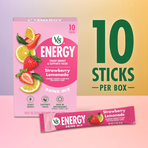 V8 .10 oz Packet (10 Count) (Pack 2) Energy Strawberry Lemonade Energy Drink Powder