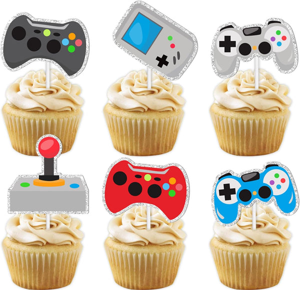 18pcs Glitter Dessert Cupcake Topper: Colorful Teenager Video Game Controller Theme Decor for Birthday Decorations