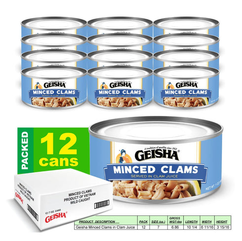 7oz (Pack 12) GEISHA Minced Clams (Razor Clams) in Clam Juice of | Zero Sat Fat & Trans Fat Wild Caught Good for Clam