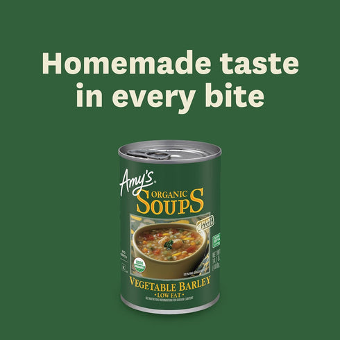 14.1 Oz Amys Soup, Vegan Vegetable Barley Soup, Low Fat, Made With Organic Tomatoes, Carrots and Celery, Canned Soup