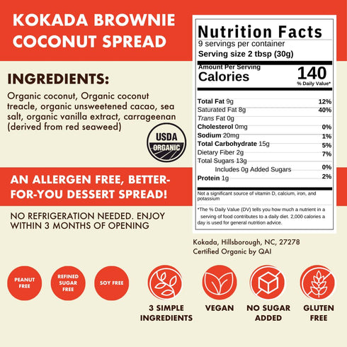 (11oz Kokada Coconut Spread, Brownie Jar) - Peanut Free, School Safe Snack, Organic Ingredients, Vegan, Gluten Free