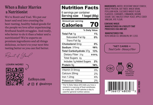 70-80 5-6G Carbs,10G ROYO Classic Bagels, Calories, Net Protein (Cinnamon Raisin)