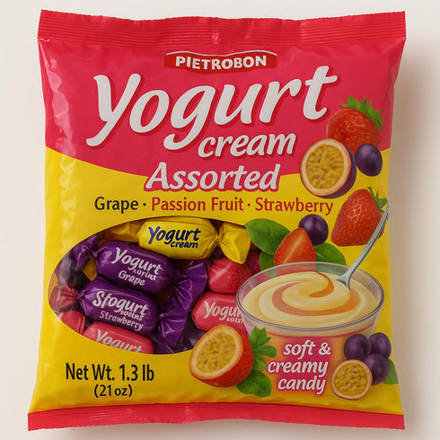 21oz 1.3lbs Pack, Strawberry, Grape & Passion Fruit Yogurt Soft Candy Bag Individually Wrapped Variety Strawberry Grape