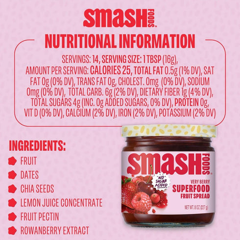 Smash Foods 8 oz Very Berry Superfood Fruit Spread, No Sugar Added