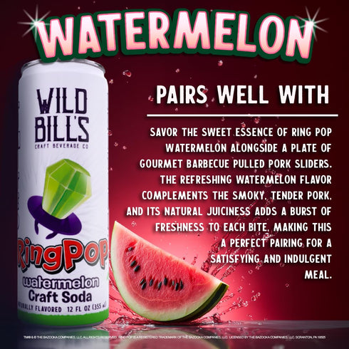 12 Oz 12 Pack Wild Bills Watermelon Ring Pop Craft Soda Pop Soft Drinks - Pure Cane Sugar, No HFCS, Caffeine Free